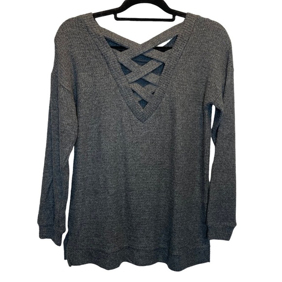 1. State Lattice V-Back Waffle Weave Sweater in Medium Heather Grey Small New - Picture 7 of 8